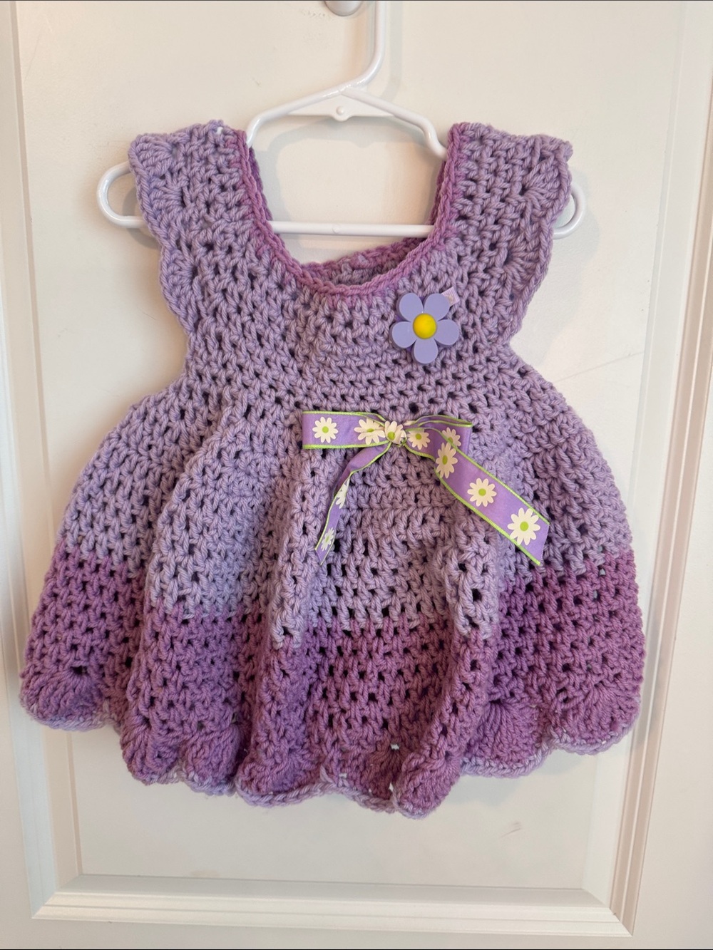 Lavender Ombre Crochet Casual Dress for Girls with Floral Bow